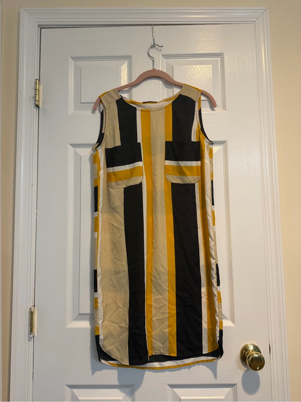 Sisley Sleeveless Vertical Stripe Shift Dress in Yellow, Black & Cream